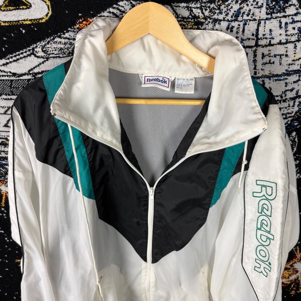Vintage Reebok Windbreaker Jacket Large White Black Teal Colorblock 90s Retro